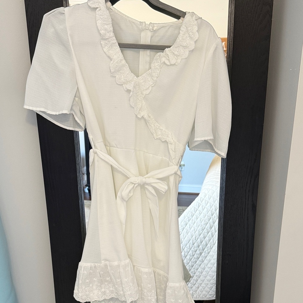 White Lace Trim Wrap Dress